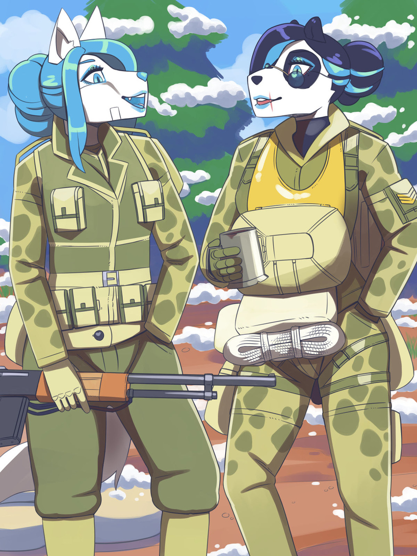 2024 3:4 anthro bear biped black_markings black_nose bluepanda1 bottomwear browning_automatic_rifle camo camo_print canid canine cel_shading clothed clothing colored container cup detailed_background duo eye_patch_(marking) eyebrows facial_markings female fox giant_panda gun hair hair_bun hand_in_pocket head_markings hi_res holding_container holding_cup holding_gun holding_mug holding_object holding_ranged_weapon holding_weapon looking_at_another mammal markings military military_uniform mug open_mouth pants patch_(marking) pink_hair pink_nose pockets pouches ranged_weapon shaded soldier standing teeth tongue uniform warrior weapon white_body