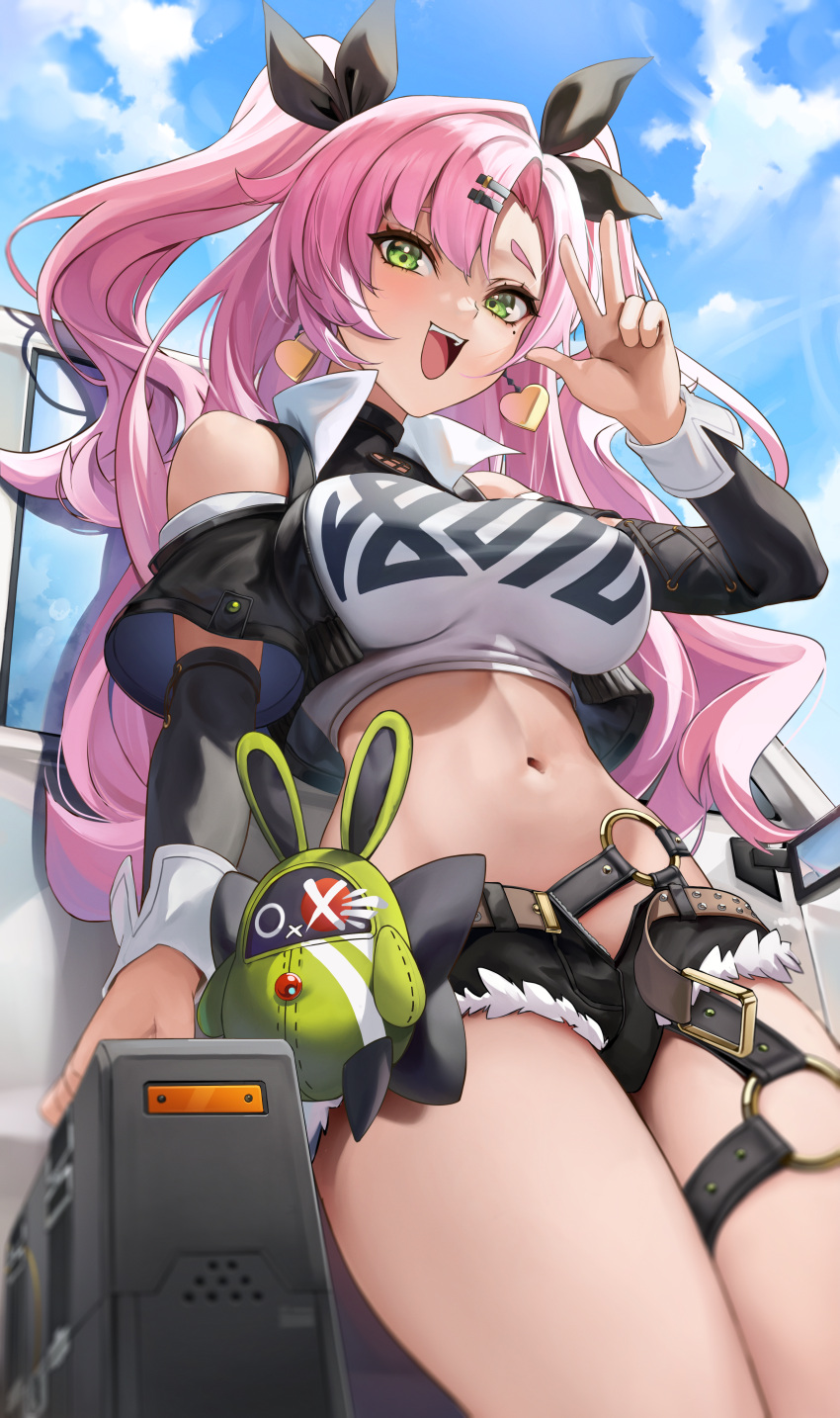 :d absurdres aoi_13 bare_shoulders black_jacket black_ribbon black_shorts blue_sky breasts cloud commentary_request cowboy_shot crop_top cutoffs day earrings female green_eyes hair_ornament hair_ribbon hairclip hand_up heart heart_earrings highres jacket jewelry large_breasts long_hair long_sleeves looking_at_viewer midriff navel nicole_demara open_clothes open_jacket open_mouth pink_hair ribbon short_shorts shorts sky smile solo standing stomach strapless thighs tube_top two_side_up very_long_hair w zenless_zone_zero