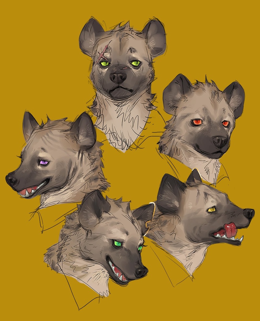 ambiguous_form ambiguous_gender colored do72k eye_scar facial_scar fur green_eyes green_sclera group headshot_portrait hi_res hyena licking licking_lips licking_own_lips looking_aside looking_at_viewer looking_away male_(lore) mammal mobian_(do72k) moroca neutral_expression orange_sclera portrait purple_eyes red_eyes scar sharp_teeth simple_background smile spotted_hyena tanshi teeth tongue tongue_out yellow_sclera