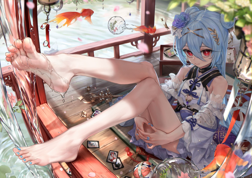 aqua_nails asymmetrical_legwear bare_legs barefoot blue_dress blue_hair blush closed_mouth commentary commission detached_sleeves double_bun dress english_commentary eyelashes feet feet_up female fish flower flying_fish foot_focus foreshortening full_body gold_trim goldfish hair_between_eyes hair_bun hair_flower hair_ornament highres hugging_own_legs knee_up knees_together_feet_apart leg_up legs long_hair long_sleeves looking_at_viewer mixed-language_commentary nail_polish original oriti4 outdoors own_hands_together qiya_(kia_098) red_eyes second-party_source sitting sleeveless sleeveless_dress soles solo toenail_polish toenails toes very_long_hair water wet wide_sleeves