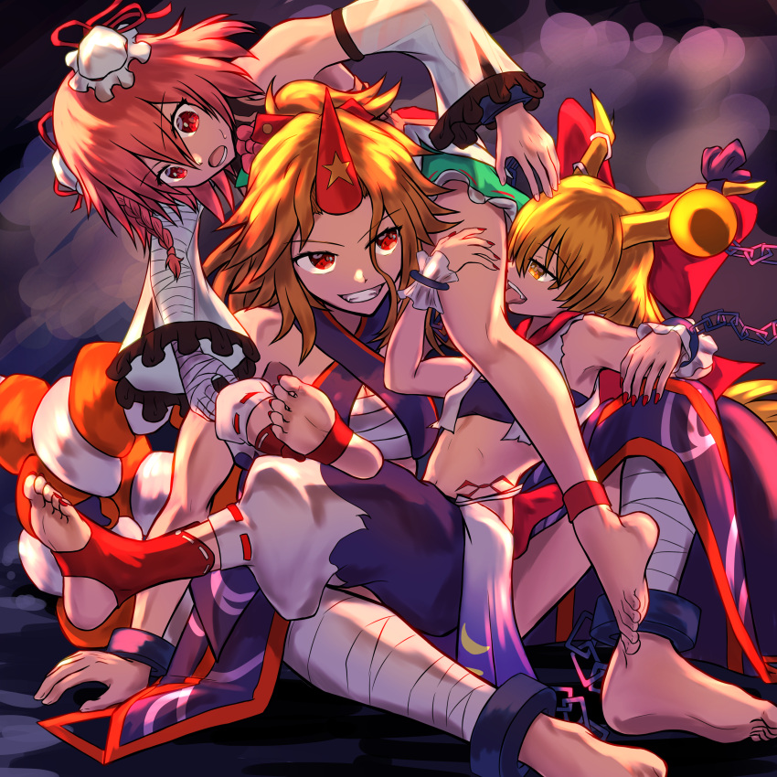 3girls absurdres bandaged_arm bandages blonde_hair feet highres horns hoshiguma_yuugi ibaraki_kasen ibuki_suika licking licking_thigh multiple_girls nakamura_append pink_hair red_eyes red_nails sarashi single_horn touhou touhou_gensou_eclipse yellow_eyes yuri