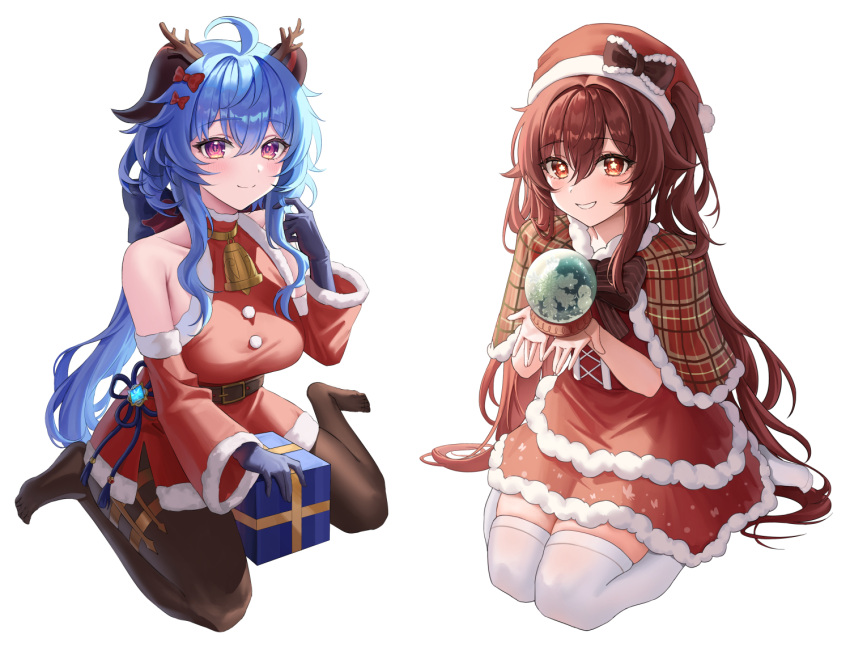 2girls ahoge alternate_costume bare_shoulders bell belt black_pantyhose blue_gloves blue_hair blush bow breasts brown_bow brown_hair christmas_ornaments christmas_present deer_hood detached_sleeves dress fake_horns flower-shaped_pupils full_body ganyu_(genshin_impact) genshin_impact gift gloves goat_horns grin hair_between_eyes hat hat_bow horns hu_tao_(genshin_impact) kneeling long_hair looking_at_viewer medium_breasts multiple_girls neck_bell no_shoes pantyhose parted_lips purple_eyes red_dress red_eyes red_sleeves santa_costume santa_hat sicle sidelocks simple_background sitting smile striped_capelet symbol-shaped_pupils tassel thighhighs thighlet vision_(genshin_impact) wariza white_background white_thighhighs