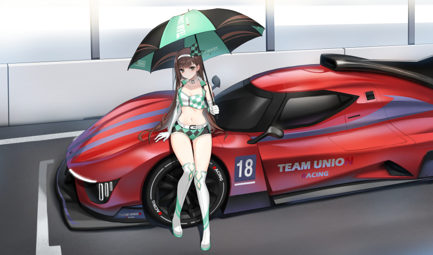 bare_shoulders belt boots breasts brown_hair car choker cleavage closed_mouth closers collarbone crop_top cropped_vest elbow_gloves eunha_(closers) female full_body gloves green_eyes hairband highres holding holding_umbrella le_mans_prototype long_hair looking_at_viewer micro_shorts midriff motor_vehicle navel non-web_source official_art open_clothes open_vest race_queen race_vehicle racecar shirt short_shorts shorts sitting sleeveless sleeveless_shirt small_breasts smile solo stomach thigh_boots thighs umbrella very_long_hair vest white_choker