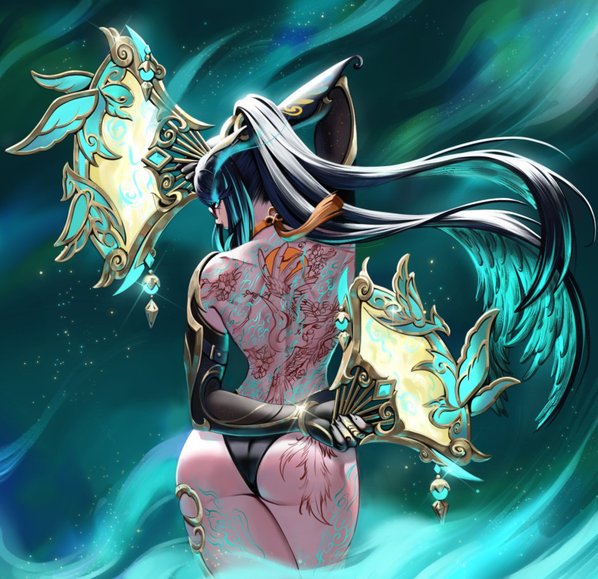 aqua_hair ass back_tattoo bare_back black_hair cloud_retainer_(genshin_impact) colored_inner_hair commentary cowboy_shot female folding_fan genshin_impact hand_fan highres holding holding_fan lunart multicolored_hair revision solo standing streaked_hair tattoo thighs xianyun_(genshin_impact)