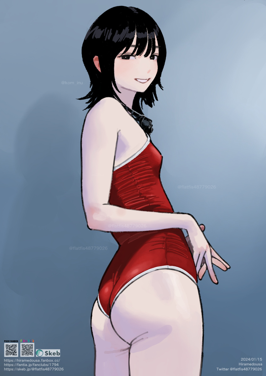 absurdres ass bare_shoulders black_eyes black_hair breasts female grin highres hiramedousa long_hair one-piece_swimsuit original red_one-piece_swimsuit school_swimsuit small_breasts smile solo swimsuit