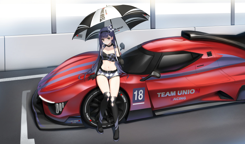 bare_shoulders belt black_choker boots breasts car choker cleavage closed_mouth closers collarbone crop_top cropped_vest elbow_gloves eunha_(closers) female full_body gloves green_eyes hairband highres holding holding_umbrella le_mans_prototype long_hair looking_at_viewer micro_shorts midriff motor_vehicle navel non-web_source official_art open_clothes open_vest purple_hair race_queen race_vehicle racecar shirt short_shorts shorts sitting sleeveless sleeveless_shirt small_breasts smile solo stomach thigh_boots thighs umbrella very_long_hair vest