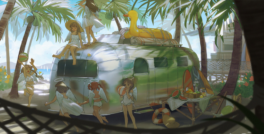 6+girls airstream angel angel_wings ball barefoot beachball bikini blue_sky brown_hair camper_trailer closed_eyes coconut commentary day feathered_wings food fruit halo hat highres holding holding_ball innertube kimonogo lifebuoy long_hair multiple_girls one-piece_swimsuit original outdoors palm_tree picnic_basket railing recreational_vehicle sky standing summer sun_hat surfboard swim_ring swimsuit table television trailer tree watermelon white_bikini white_headwear white_one-piece_swimsuit white_wings wings yellow_innertube