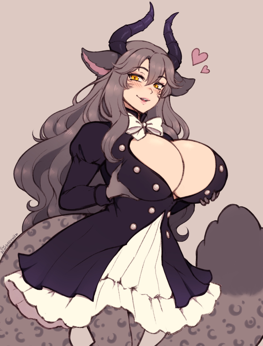 absurdres animal_ears blush breast_lift breasts brown_eyes brown_hair cleavage commission facial_mark female heart highres horns large_breasts long_hair long_sleeves looking_at_viewer open_mouth original smile solo the_scarlet_devil