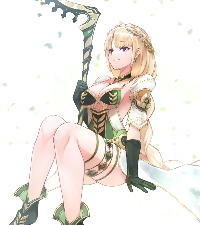 armor bikini bikini_top_only blonde_hair blush braid braided_ponytail breasts cleavage crown_braid demeter_(fate) detached_collar detached_sleeves dress earrings fate/grand_order fate_(series) female gloves green_bikini green_dress green_gloves highres jewelry large_breasts laurel_crown long_hair pauldrons pendant purple_eyes scythe short_dress shoulder_armor sitting smile solo swimsuit thighs umeo_(pixiv51103813) very_long_hair