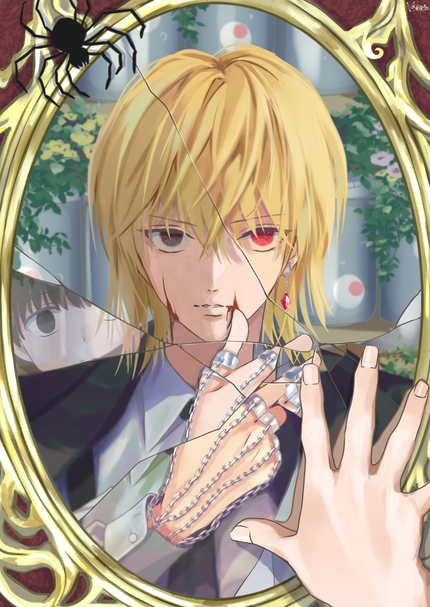 1boy absurdres against_glass black_jacket black_necktie blonde_hair blood blood_on_face broken_mirror brown_eyes bug chains collared_shirt crack cracked_glass earrings eyeball fingernails frown gem hair_between_eyes heterochromia highres hunter_x_hunter jacket jewelry kurapika liquid long_sleeves looking_at_viewer male_focus minato_x3710 mirror multiple_rings necktie pairo pov pov_hands red_eyes red_gemstone ring shirt short_hair signature single_earring solo spider split_theme suit tube upper_body white_shirt wiping_blood