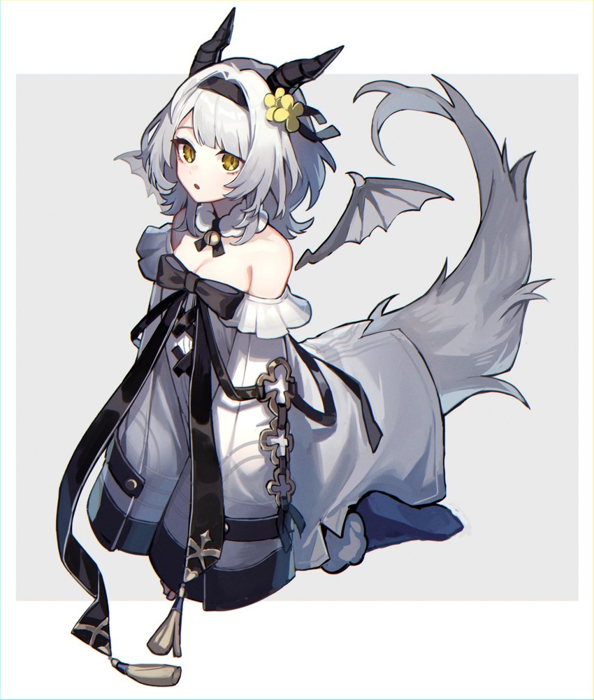 bare_shoulders bat_wings bell black_bow black_socks bow breasts cleavage commentary_request dress female flower full_body grey_background grey_hair hair_flower hair_ornament hairband highres horns kino_(m6t2a) long_sleeves looking_at_viewer multicolored_background neck_bell open_mouth original short_hair simple_background sitting slit_pupils small_breasts socks solo tail white_background white_dress wide_sleeves wings yellow_eyes