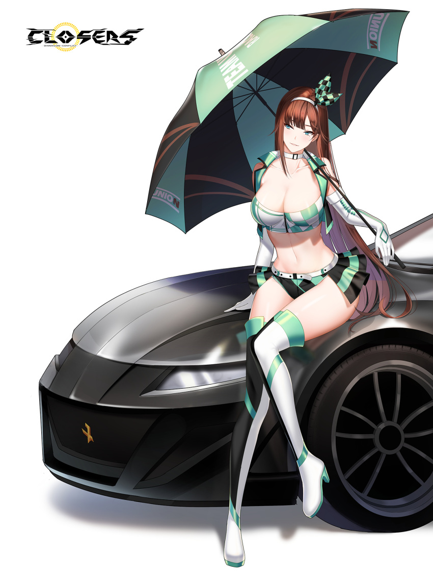 alternate_color arm_support bare_shoulders belt boots breasts brown_hair car choker cleavage closers collarbone crop_top cropped_vest elbow_gloves female full_body gloves green_eyes hairband harpy_(closers) high_heel_boots high_heels highres holding holding_umbrella large_breasts long_hair looking_to_the_side midriff miniskirt motor_vehicle navel non-web_source official_art on_vehicle open_clothes parted_lips race_queen showgirl_skirt sitting sitting_on_car skirt sleeveless smile solo stomach thigh_boots thighhighs thighs umbrella very_long_hair vest