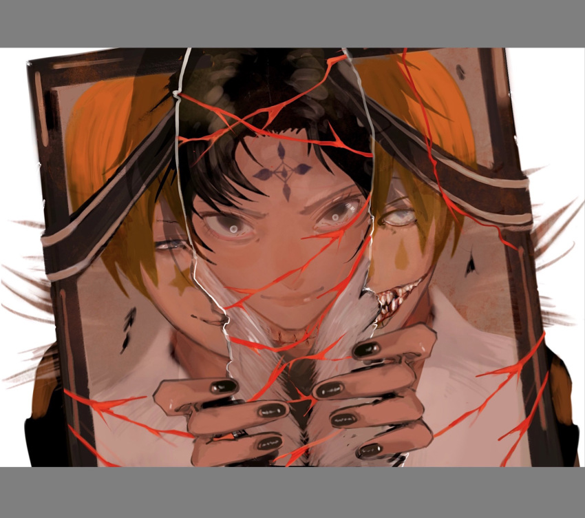 1boy black_hair black_nails blood blood_on_face chrollo_lucilfer closed_mouth cross facial_mark forehead_mark fur_trim hands_up highres hisoka_morow hunter_x_hunter iei kkknoume letterboxed looking_at_viewer male_focus nail_polish open_mouth orange_hair parted_bangs parted_lips photo_(object) portrait portrait_(object) sharp_teeth short_hair simple_background smile smirk solo split_theme star_(symbol) star_facial_mark teardrop_facial_mark tearing_paper teeth white_background