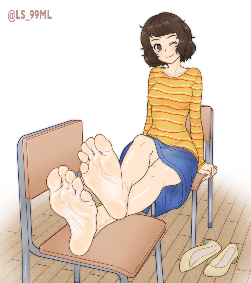 artist_name barefoot blue_skirt blush breasts brown_eyes brown_hair chair closed_mouth commentary_request commission crossed_legs eyelashes feet female foot_focus foreshortening full_body high_heels highres kawakami_sadayo legs long_sleeves looking_at_viewer medium_breasts medium_hair on_chair one_eye_closed persona persona_5 school_chair shirt shoes sidelocks sitting skirt sleeves_past_wrists smile soles solo striped_clothes striped_shirt swept_bangs toenails toes tsukimaru_(ls_99ml) twitter_username unworn_shoes white_background wooden_floor yellow_shirt