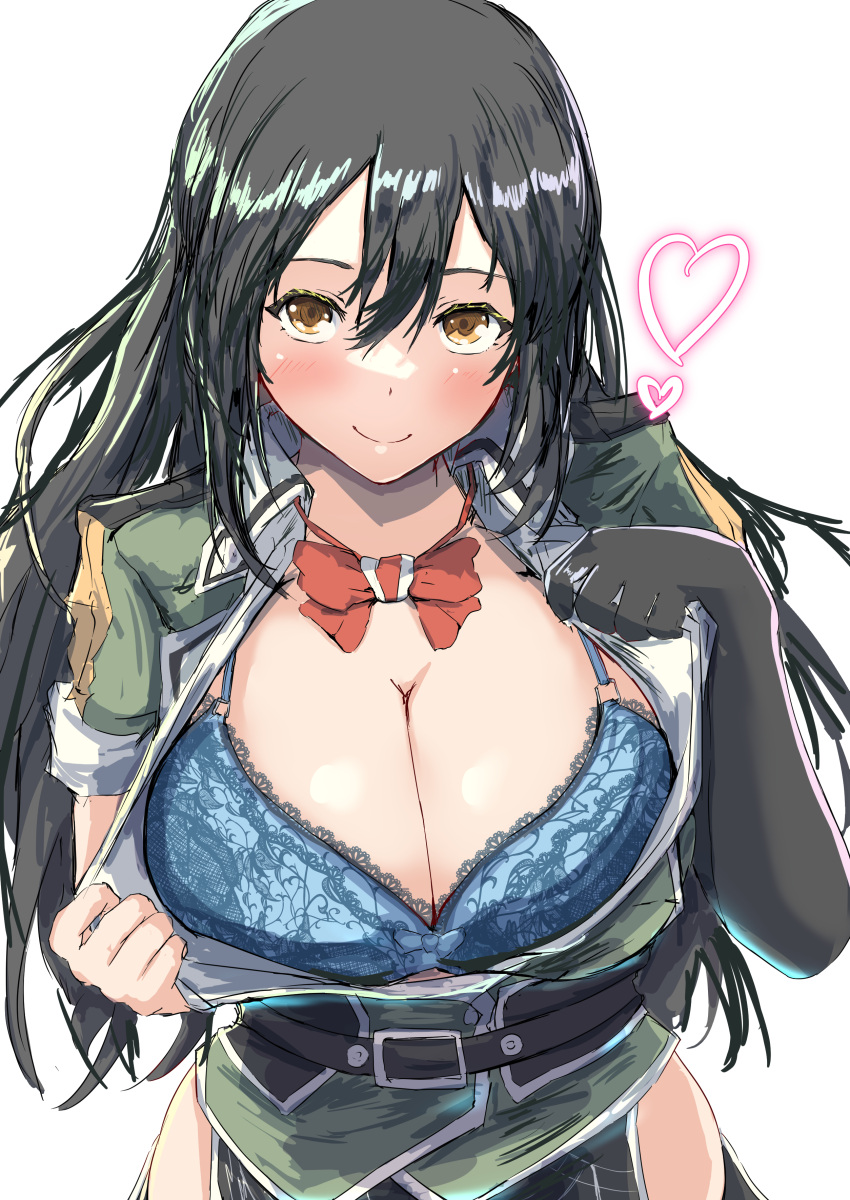 absurdres belt black_belt black_gloves black_hair blue_bra blush bow bowtie bra breasts brown_eyes chikuma_(kancolle) chikuma_kai_ni_(kancolle) cleavage commentary_request dress elbow_gloves female gloves green_dress hair_between_eyes heart highres kantai_collection kurage_ituki large_breasts long_hair long_skirt looking_at_viewer red_bow red_bowtie short_sleeves side_slit single_elbow_glove skirt smile solo underwear white_background