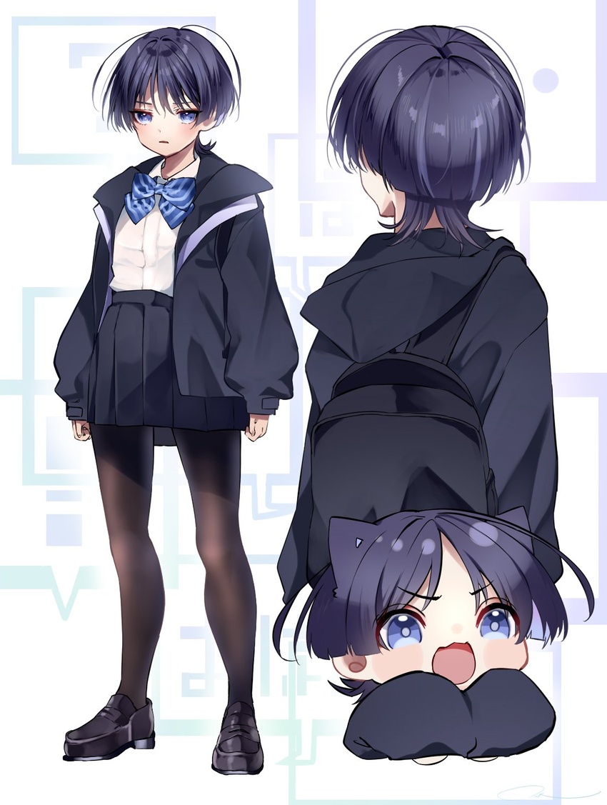 alternate_costume animal_ears backpack bag black_hair black_hood black_jacket black_pantyhose black_skirt blue_bow blue_bowtie blue_eyes bow bowtie cat_ears female full_body genderswap_(mtf) genshin_impact hair_between_eyes highres jacket ma_d_k_89 multicolored_hair open_mouth pantyhose purple_hair rule_63 scaramouche_(genshin_impact) shirt shoes short_hair skirt solo white_shirt