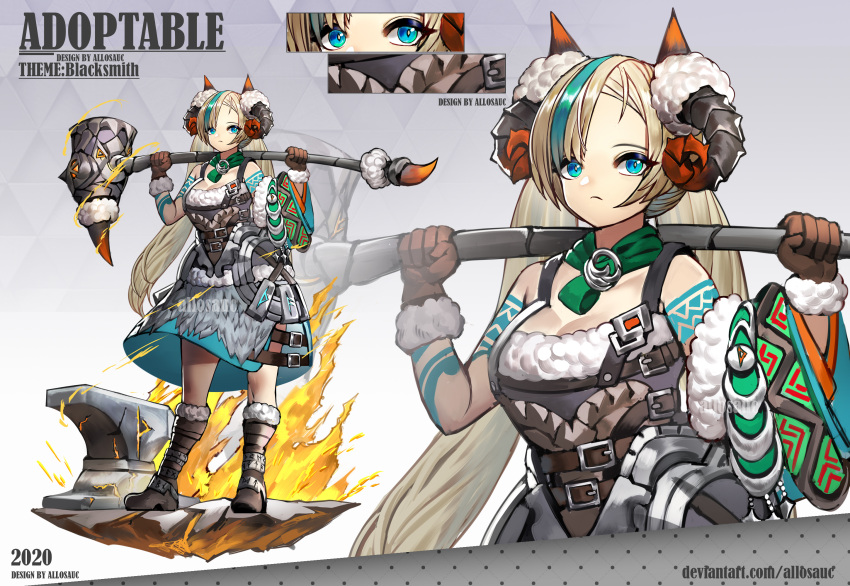 2020 adoptable allosauc animal_ears anvil aqua_hair arm_tattoo artist_name asymmetrical_bangs axe bare_shoulders belt belt_buckle black_belt blacksmith blonde_hair blue_eyes blue_eyeshadow blue_skirt blue_sleeves boots breasts brown_belt brown_footwear brown_gloves brown_shirt buckle chest_belt cleavage close-up closed_mouth collarbone commentary cowboy_shot detached_sleeves deviantart_username english_commentary english_text eyeshadow female fire frown full_body fur-trimmed_boots fur-trimmed_gloves fur-trimmed_shorts fur-trimmed_sleeves fur_skirt fur_trim gloves gradient_background green_scarf grey_background grey_skirt highres holding holding_axe horns huge_weapon knee_boots large_breasts layered_skirt layered_sleeves long_bangs long_hair long_sleeves looking_at_viewer makeup medium_skirt multicolored_hair multiple_belts multiple_views original over_shoulder pickaxe reference_sheet scarf sheep_ears sheep_horns shirt shorts side_slit simple_background single_bare_shoulder single_detached_sleeve skirt sleeveless sleeveless_shirt streaked_hair tattoo triangle_background triangular_tiling_background very_long_hair watermark weapon weapon_over_shoulder wide_sleeves