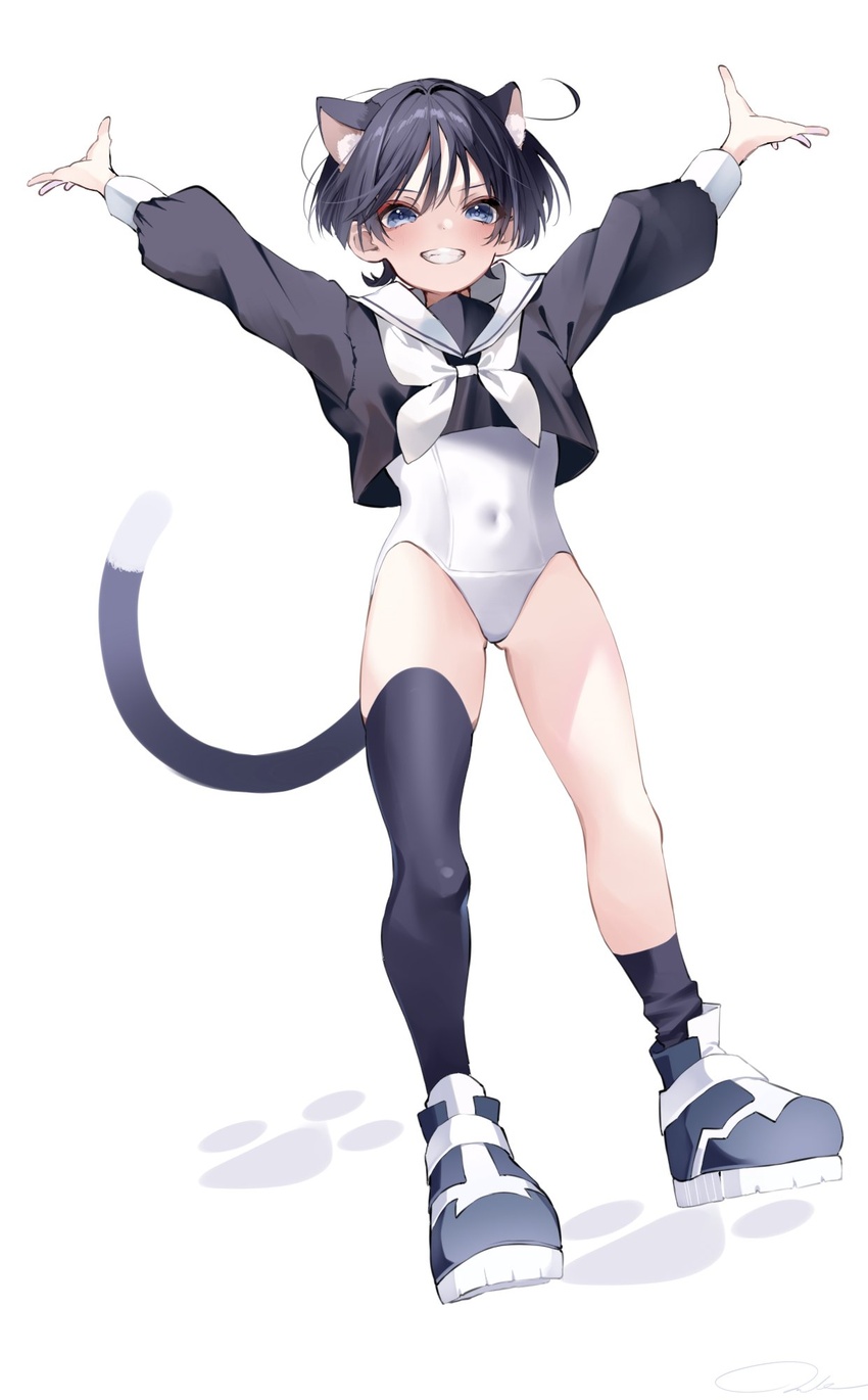 1boy animal_ears black_hair black_shirt blue_eyes blush bodysuit cat_boy cat_ears cat_tail full_body genshin_impact hair_between_eyes highres ma_d_k_89 male_focus otoko_no_ko scaramouche_(genshin_impact) school_uniform shirt short_hair single_thighhigh smile solo tail teeth thighhighs white_bodysuit