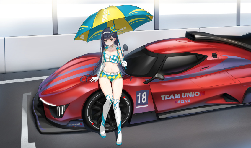 bare_shoulders belt boots breasts car choker cleavage closed_mouth closers collarbone crop_top cropped_vest elbow_gloves eunha_(closers) female full_body gloves green_eyes grey_hair hairband highres holding holding_umbrella le_mans_prototype long_hair looking_at_viewer micro_shorts midriff motor_vehicle navel non-web_source official_art open_clothes open_vest race_queen race_vehicle racecar shirt short_shorts shorts sitting sleeveless sleeveless_shirt small_breasts smile solo stomach thigh_boots thighs umbrella very_long_hair vest white_choker