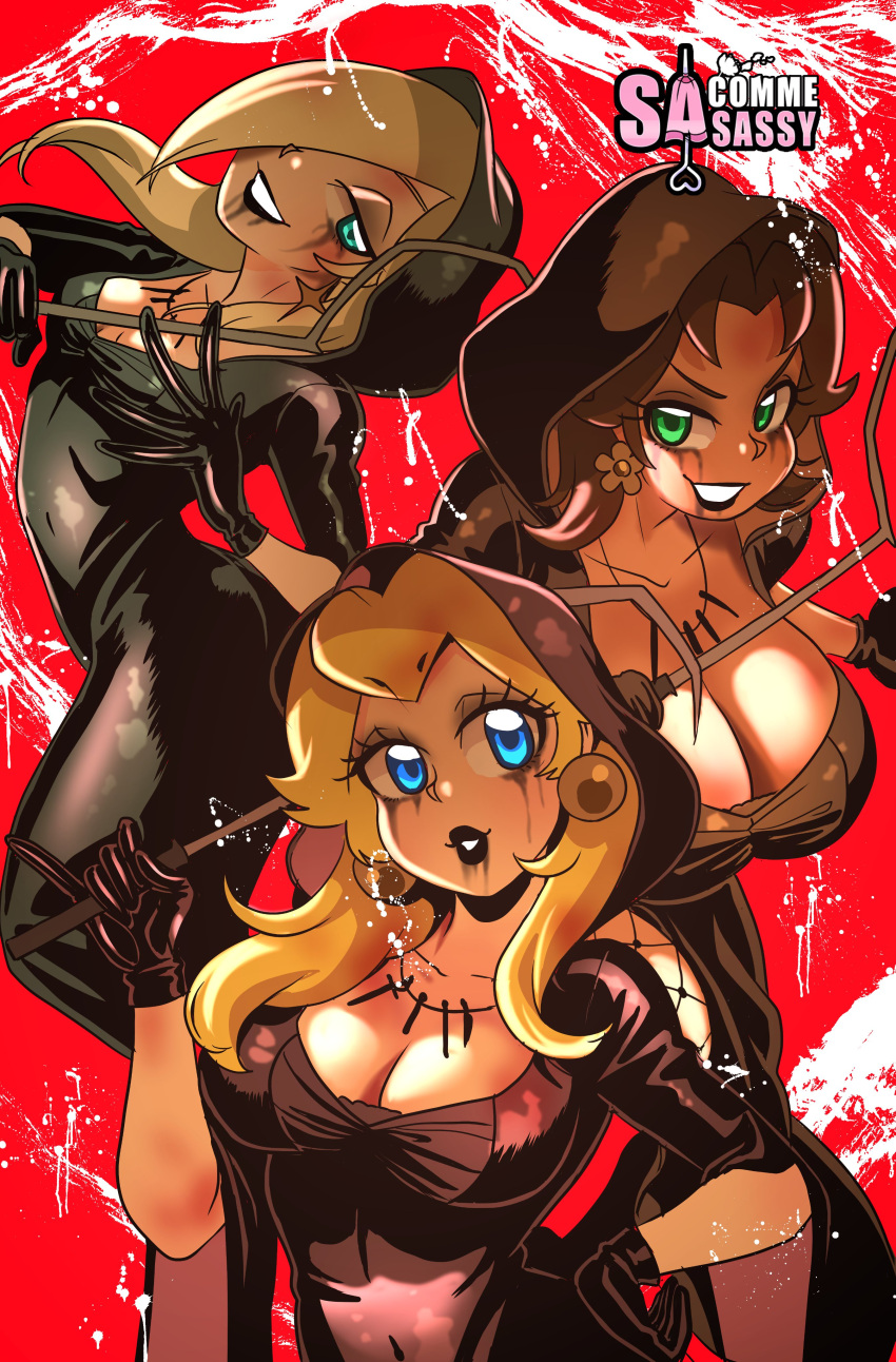 3girls absurd_res aqua_eyes bela_(resident_evil) black_lipstick blonde_hair blue_eyes breasts brown_hair cassandra_(resident_evil) cleavage clothed clothing crossover daniela_(resident_evil) female female_only gloves green_eyes looking_at_viewer mario_(series) multiple_girls nintendo princess_daisy princess_peach princess_rosalina red_background resident_evil resident_evil_8:_village ruined_makeup sasatseng simple_background smile standing