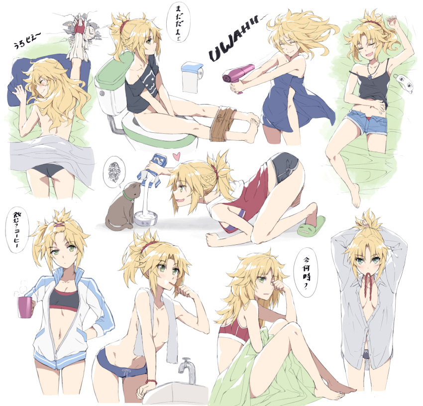 absurdres blonde_hair brushing_teeth cup english_text fate_(series) feline female floating_hair green_hair hair_dryer highres implied_peeing mordred_(fate) mug panties polo_shirt short_shorts shorts sleeping toilet_use tomboy tonee topless towel translation_request underwear waking_up