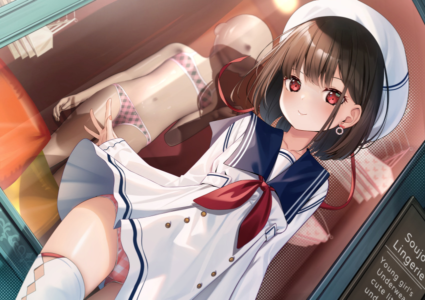 beret blue_sailor_collar blush breasts brown_hair dress female hat highres long_sleeves neckerchief original panties pink_panties red_eyes sailor_collar short_hair small_breasts smile solo thighhighs underwear white_dress white_hat white_thighhighs yan_(nicknikg)