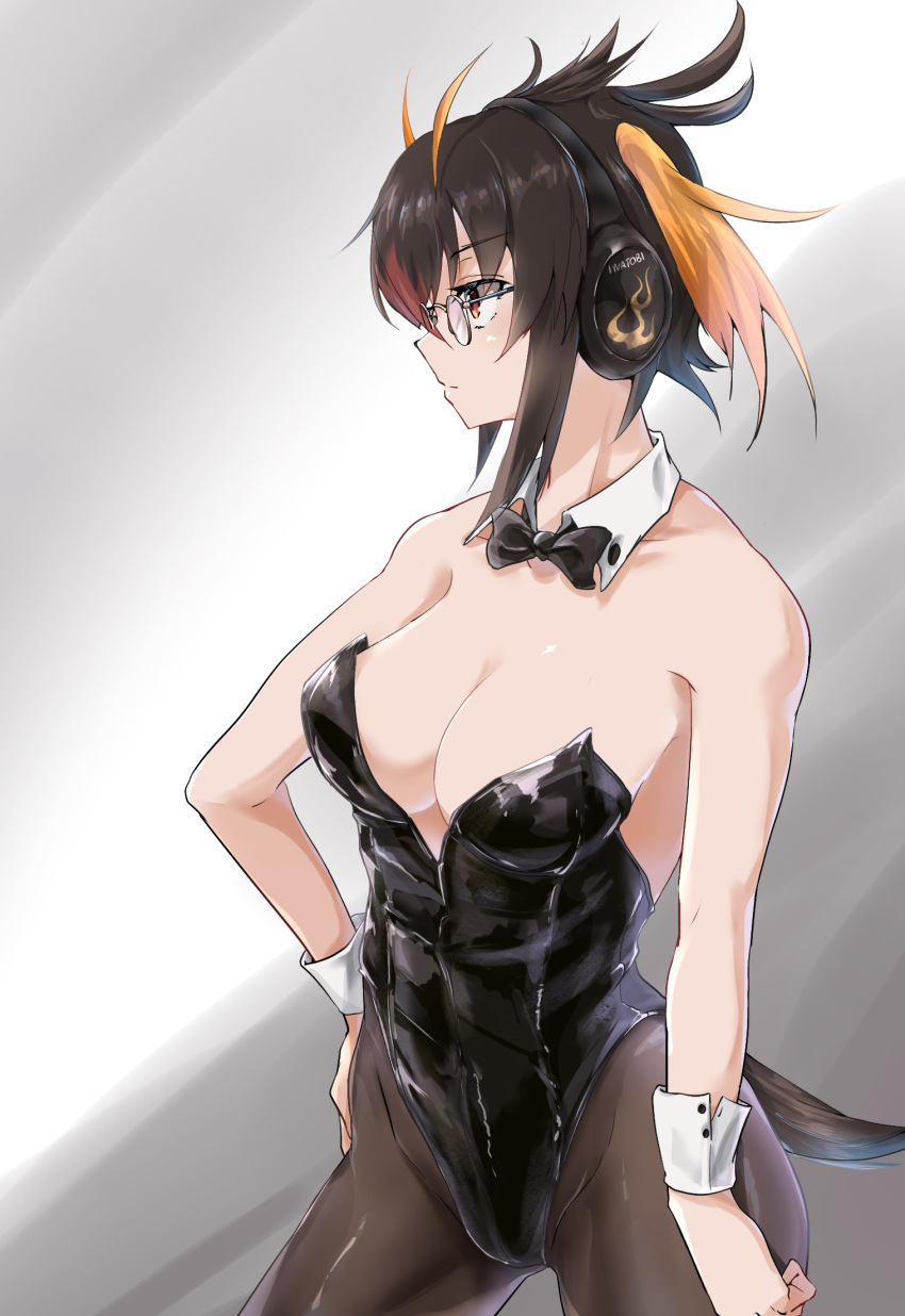 bare_shoulders black_hair black_leotard bow bowtie breasts brown_pantyhose cleavage detached_collar female glasses hair_over_one_eye headphones highleg highleg_leotard highres kemono_friends large_breasts leotard looking_to_the_side multicolored_hair pantyhose penguin_tail profile red_eyes red_hair rockhopper_penguin_(kemono_friends) short_hair solo strapless strapless_leotard tail traditional_bowtie wifi1981321 wrist_cuffs