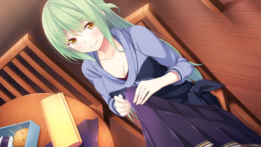 11gatsu_no_arcadia blush breasts chair cleavage female female game_cg green_hair hayakawa_harui highres hoshizaki_kokone large_breasts long_hair looking_at_viewer needle sewing sitting skirt solo wooden_floor yellow_eyes