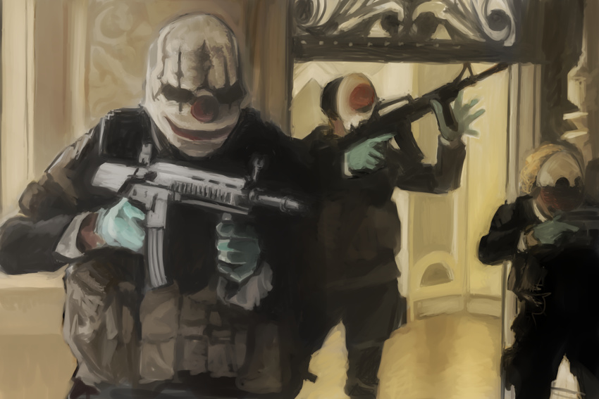 3boys assault_rifle black_hair blonde_hair chains_(payday) commentary_request gloves gun highres hoxton m4_carbine male_focus mask multiple_boys payday_(series) payday_2 rifle short_hair shotgun steeam tactical_clothes traditional_media trigger_discipline vertical_foregrip weapon wig wolf_(payday)