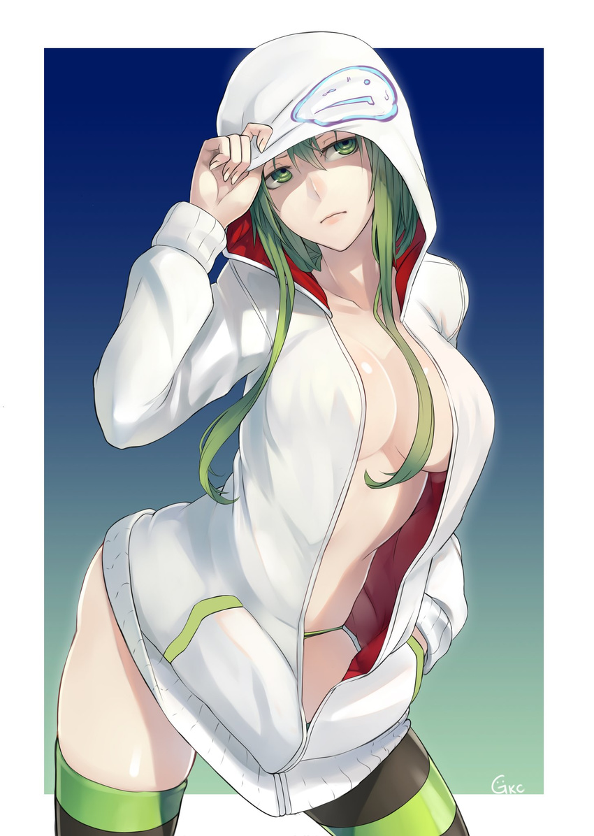 breasts cleavage commentary_request contrapposto cowboy_shot female green_eyes green_hair hair_over_breasts hand_in_pocket highres hood hoodie jacket jikeshi large_breasts long_hair looking_away open_clothes open_jacket original panties sidelocks solo standing striped_clothes striped_panties striped_thighhighs thighhighs underwear unzipped