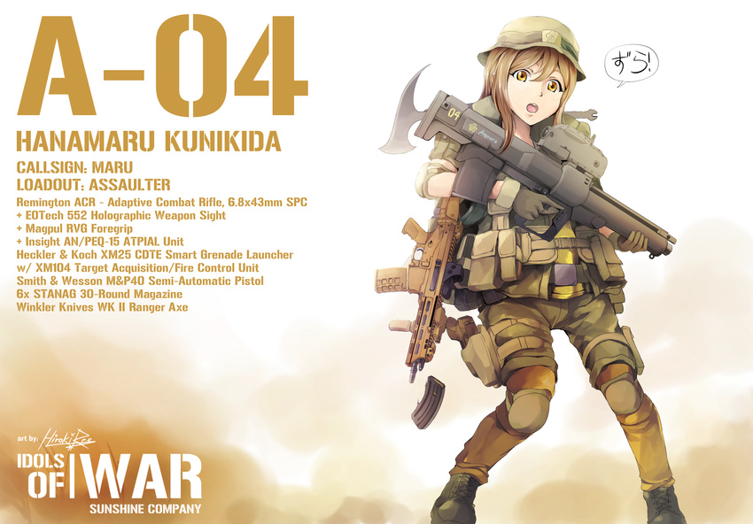 adaptive_combat_rifle assault_rifle axe boots brown_hair commentary_request elbow_pads eotech female gloves grenade_launcher gun handgun hat heckler_&_koch highres hiroki_ree holding holding_gun holding_weapon holster holstered knee_pads kunikida_hanamaru laser_sight long_hair looking_at_viewer love_live! love_live!_sunshine!! magazine_(weapon) military military_hat open_mouth remington_arms rifle smith_&_wesson solo standing thigh_holster trigger_discipline vertical_foregrip weapon wrench xm25_cdte yellow_eyes zura_(phrase)