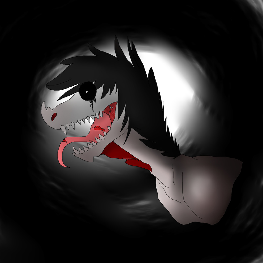 1:1 absurd_res black_background black_eyes black_hair creepypasta dragon grey_body grey_skin hair hi_res jeff_the_killer long_tongue mythological_creature mythological_scalie mythology pink_tongue reptile rinelle_(artist) scalie sharp_teeth simple_background teeth tongue unfinished void_(disambiguation) wounded