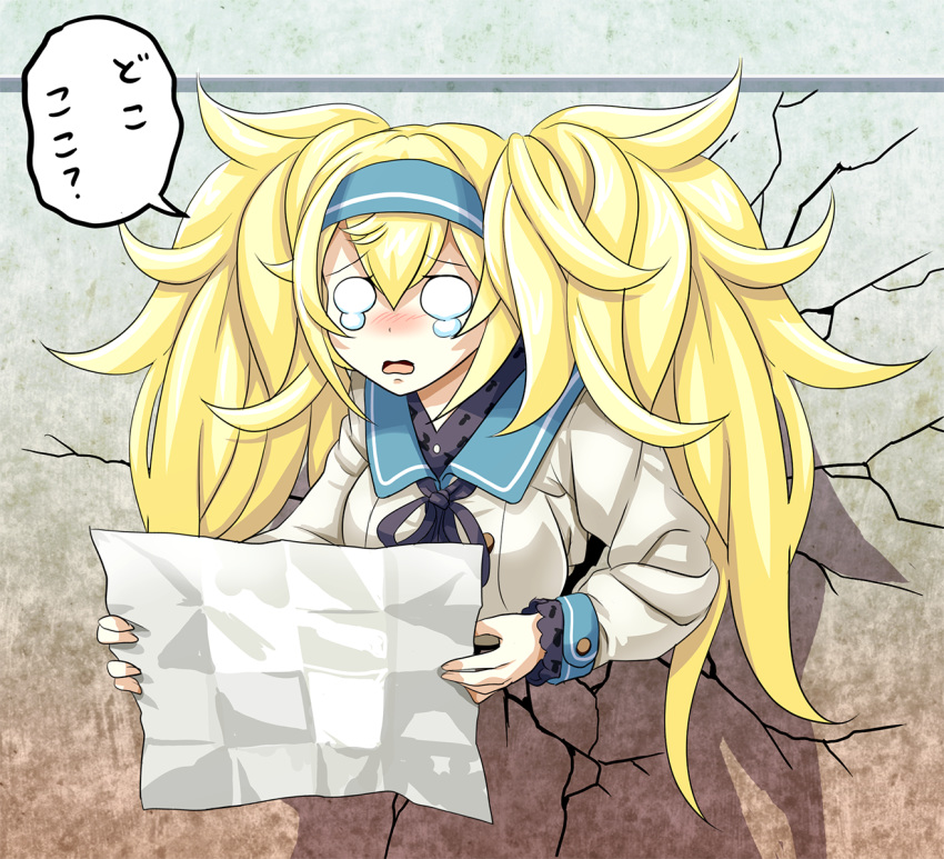 blonde_hair blush breasts coat cracked_wall gambier_bay_(kantai_collection) hairband highres holding holding_map holding_paper kabe_ni_hamatte_ugokenai! kantai_collection large_breasts long_hair long_sleeves map open_mouth overcoat paper solo stuck tears through_wall tk8d32 translated twintails