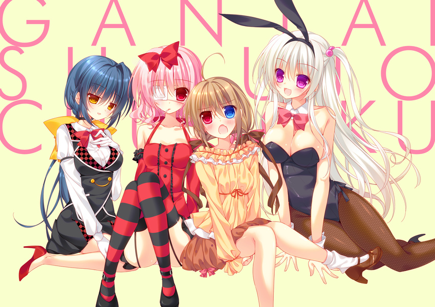 4girls :d ahoge animal_ears bandages black_hair breasts brown_eyes brown_hair choker cleavage commentary_request eyepatch fishnet_pantyhose fishnets frills hair_bobbles hair_ornament hairband hand_on_own_chest heterochromia large_breasts long_hair looking_at_viewer low_ponytail low_twintails mary_janes medium_breasts multiple_girls nakada_rumi open_mouth original pantyhose pink_hair playboy_bunny purple_eyes rabbit_ears red_eyes shoes short_hair sitting smile twintails two_side_up white_hair