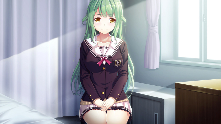 11gatsu_no_arcadia bed blush breasts curtains female female game_cg green_hair hayakawa_harui highres hoshizaki_kokone large_breasts legs long_hair looking_at_viewer school_uniform sitting skirt smile solo sunlight thighs window yellow_eyes