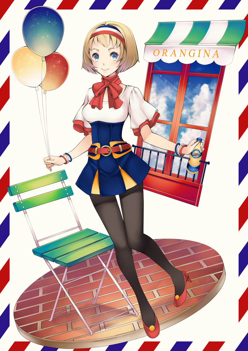 absurdres balloon belt blonde_hair blue_eyes bottle bracelet chair commentary_request falseele female france hairband high_heels highres jewelry looking_at_viewer neck_ribbon orangina original pantyhose photoshop_(medium) ribbon short_hair skirt smile solo window