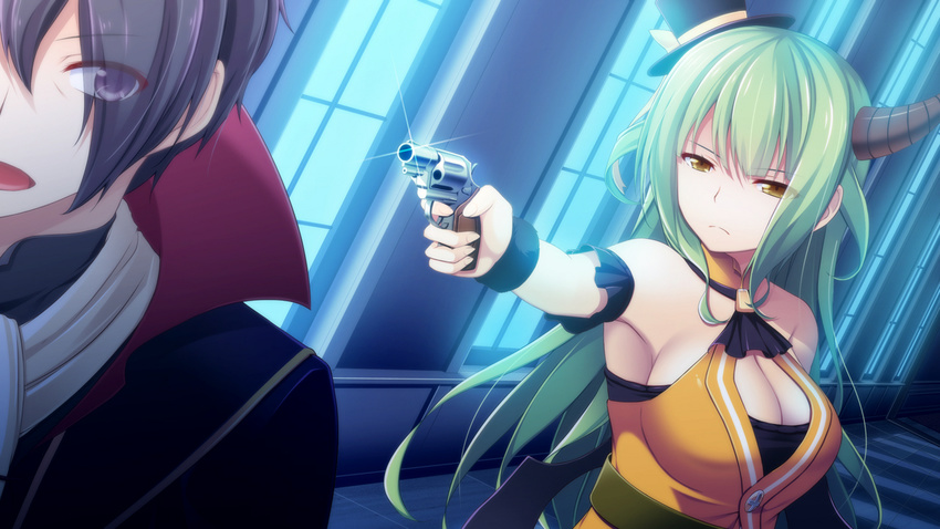 11gatsu_no_arcadia aiming armpits bare_shoulders breasts cleavage demon_wings female game_cg green_hair gun hat hayakawa_harui highres horns hoshizaki_kokone large_breasts long_hair looking_away looking_back moonlight night open_mouth purple_eyes revolver serious standing weapon window wings yellow_eyes