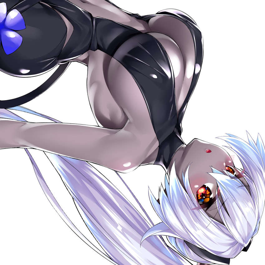 absurdres backless_outfit bare_shoulders black_hairband black_leotard blush breasts center_opening commentary cosplay dark-skinned_female dark_skin fate/grand_order fate/prototype fate/prototype:_fragments_of_blue_and_silver fate_(series) female hairband hassan_of_serenity_(fate) hassan_of_serenity_(fate)_(cosplay) highres large_breasts leotard long_hair looking_at_viewer open_mouth ponytail red_eyes simple_background solo symbol-only_commentary tomoe_gozen_(fate) upside-down watosu white_background white_hair