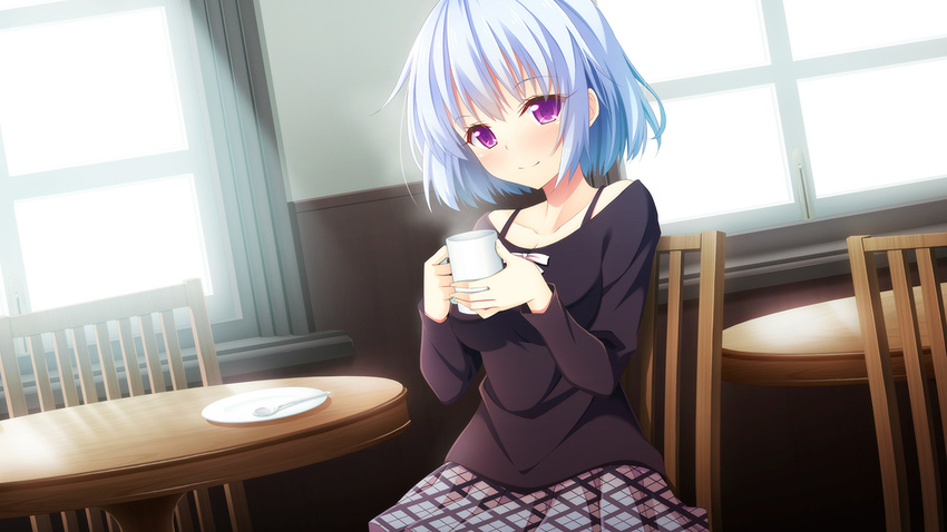 11gatsu_no_arcadia blue_hair blush breasts chair collarbone cup female female game_cg hatori_airu hayakawa_harui highres large_breasts looking_at_viewer purple_eyes short_hair sitting skirt smile solo spoon steam sunlight table window