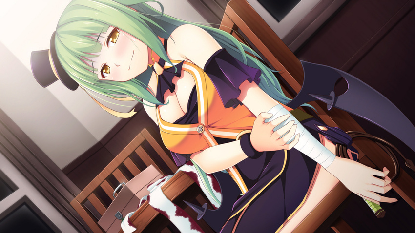 11gatsu_no_arcadia bandage bare_shoulders blood blush breasts chair cleavage demon_wings female game_cg green_hair hat hayakawa_harui highres hoshizaki_kokone injury large_breasts legs long_hair looking_at_viewer sitting smile solo sweatdrop table thighs wings yellow_eyes