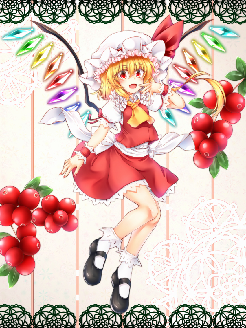 :d ascot black_footwear blonde_hair collared_shirt commentary_request cranberry eyes_visible_through_hair female finger_to_mouth fingernails flandre_scarlet frilled_hat frilled_shirt frilled_skirt frilled_sleeves frilled_socks frills full_body gem hair_between_eyes hat hat_ribbon highres knees_together_feet_apart leaf long_fingernails looking_at_viewer marukyuu_ameya mary_janes medium_hair mob_cap nail_polish oerba_yun_fang open_mouth pink_background puffy_short_sleeves puffy_sleeves red_eyes red_nails red_ribbon red_skirt red_vest ribbon ribbon-trimmed_sleeves ribbon_trim sash shirt shoes short_sleeves skirt smile socks solo striped striped_background tongue touhou vertical_stripes vest white_hat white_shirt white_socks wings yellow_ascot