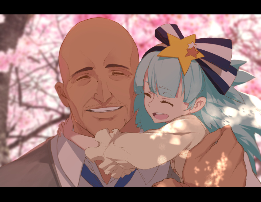 1boy absurdres aqua_hair arms_around_neck bald closed_eyes commentary dishwasher1910 facial_hair father_and_daughter female gou_takeo hair_ornament hair_ribbon highres hoshikawa_lily letterboxed manly ribbon size_difference smile spoilers star_(symbol) star_hair_ornament stubble zombie_land_saga