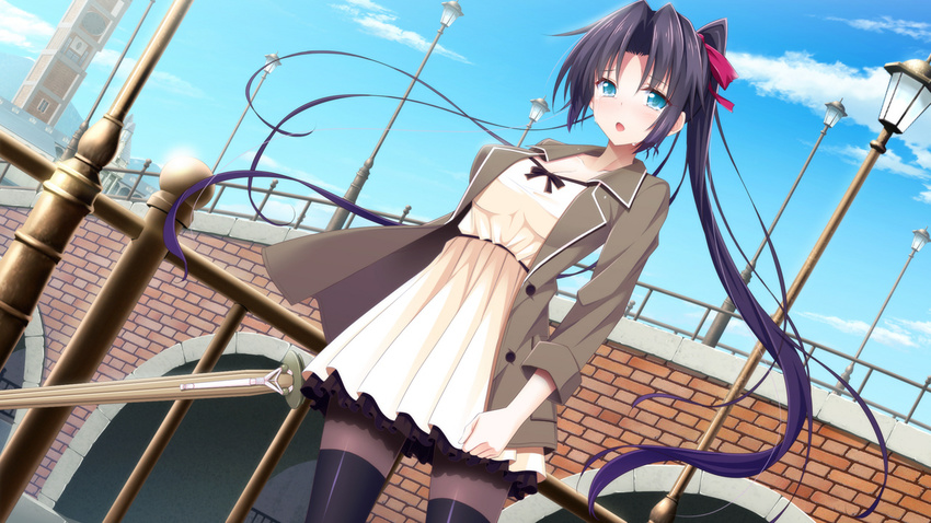 11gatsu_no_arcadia black_legwear blue_eyes blush breasts bridge cloud clouds coat crying dress female female game_cg hayakawa_harui highres large_breasts legs long_hair looking_at_viewer mitouya_sena open_mouth pantyhose ponytail purple_hair sky solo standing sword tears thighs weapon