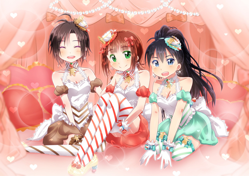 3girls :d ^_^ absurdres amami_haruka antenna_hair arm_garter black_hair brown_hair closed_eyes commentary_request ganaha_hibiki gloves green_eyes hair_ornament hair_ribbon highres idolmaster idolmaster_(classic) kikuchi_makoto multiple_girls open_mouth ponytail renatan ribbon short_hair sitting smile teatime_happiness_(idolmaster) thighhighs