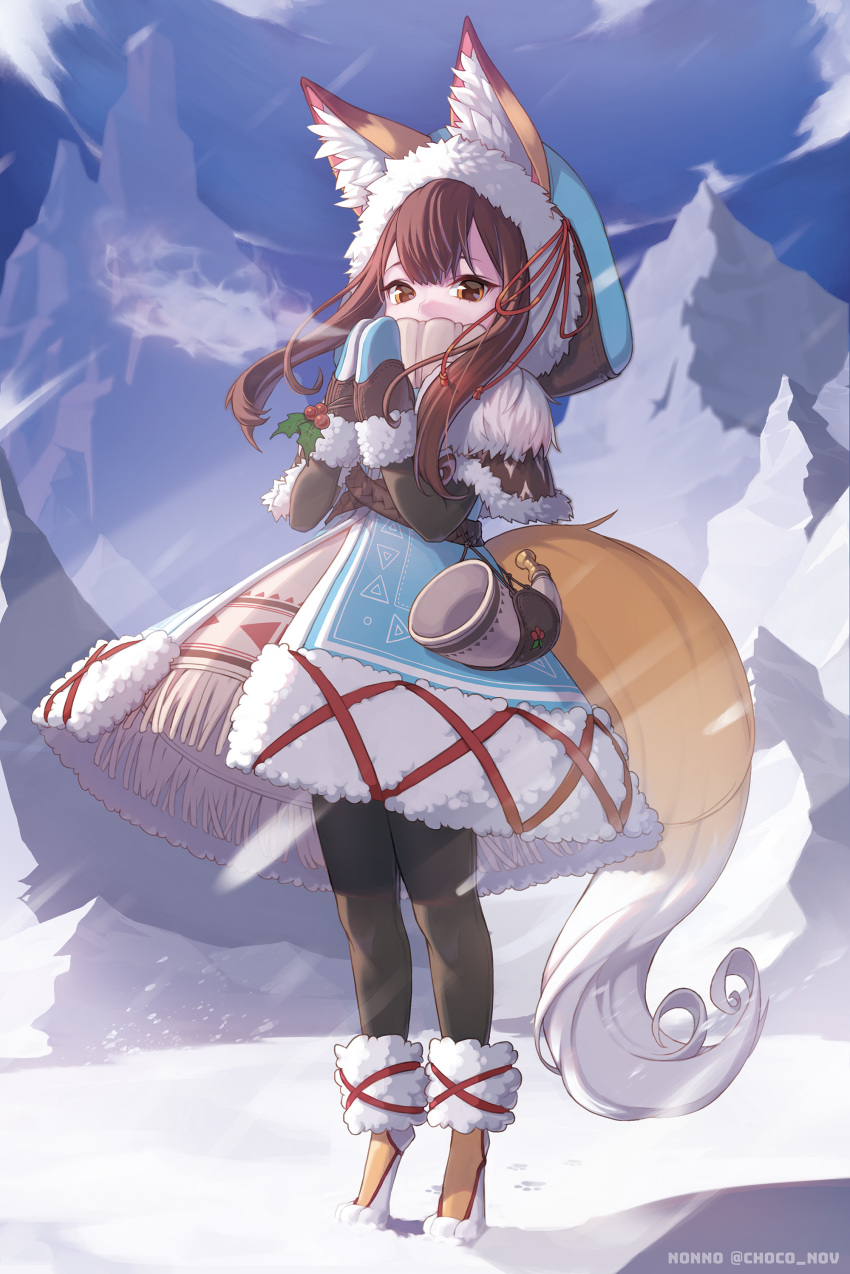 absurdres animal_ear_fluff animal_ears animal_feet belt black_pantyhose blue_sky boots breath brown_hair capelet coat cold commentary_request digitigrade female footprints fox_ears fox_girl fox_tail full_body fur-trimmed_boots fur-trimmed_capelet fur-trimmed_coat fur-trimmed_hood fur-trimmed_mittens fur_trim highres holly hood hooded_capelet horn_(instrument) konbu_(hida123) mittens mountain original outdoors pantyhose skirt sky snow solo tail yellow_eyes