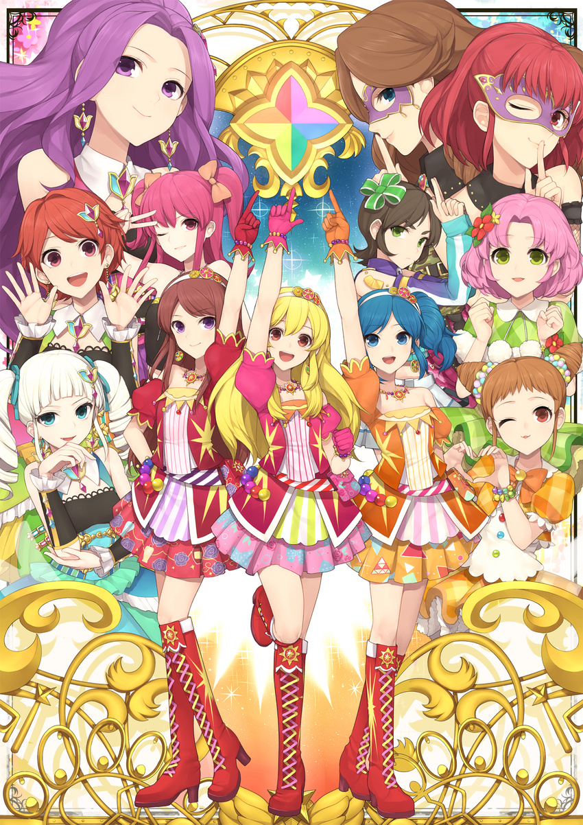 6+girls :d aikatsu! aikatsu!_(series) aqua_eyes arisugawa_otome arm_up asymmetrical_hair bare_shoulders blonde_hair blue_eyes blue_hair blush boots bow brown_eyes brown_hair commentary_request cone_hair_bun detached_sleeves double_bun drill_hair earrings finger_gun finger_to_mouth flower gloves green_eyes hair_bun hair_down hair_flower hair_ornament hair_ribbon hairbow heart heart_hands highres hitoto hoshimiya_ichigo hoshimiya_ringo_(aikatsu!) ichinose_kaede jewelry kamiya_shion kanzaki_mizuki kiriya_aoi kitaoji_sakura long_hair looking_at_viewer mask minowa_hikari mitsuishi_orihime multiple_girls oerba_yun_fang one_eye_closed open_mouth pink_hair purple_eyes purple_hair red_eyes red_hair ribbon shibuki_ran short_hair side_ponytail skirt smile todo_yurika twin_drills twintails two_side_up v