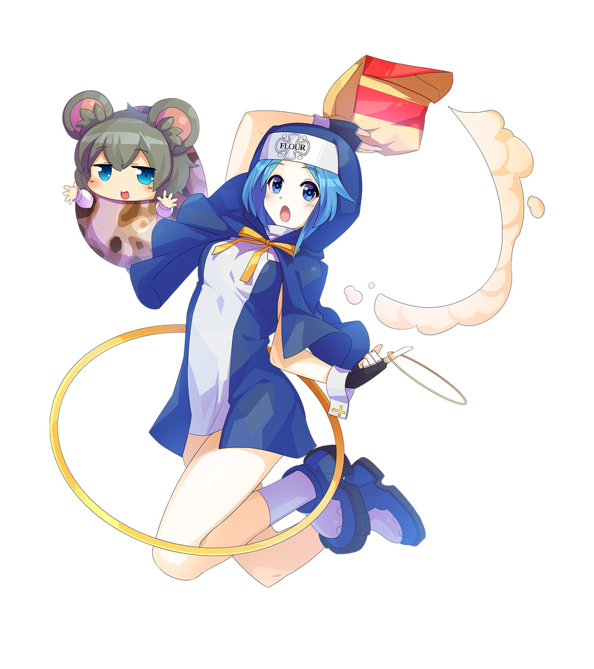 2girls :o animal_ears arm_up bag bandeau black_gloves blue_eyes blue_hair blush bow bowtie breasts bridget bridget_(guilty_gear)_(cosplay) character_name chibi commentary_request cookie_(touhou) cosplay egg fake_nyon_(cookie) fingerless_gloves flour_(cookie) full_body gloves grey_hair guilty_gear guilty_gear_xx habit headband highres holding holding_bag hoop kumoi_ichirin long_sleeves looking_at_viewer medium_breasts mouse_ears multiple_girls nazrin neck_ribbon nun open_mouth ribbon shoes socks tarmo touhou transparent_background white_legwear wrist_cuffs yellow_bow yellow_bowtie yellow_ribbon