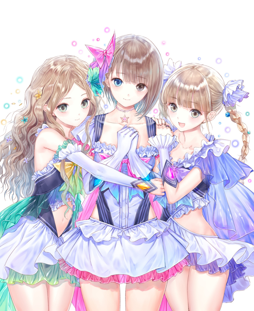 3girls :d absurdres blue_eyes blue_reflection_(series) blue_reflection_maboroshi_ni_mau_shoujo_no_ken bow braid breasts brown_eyes brown_hair cleavage clothing_cutout collarbone cowboy_shot flower frills girl_sandwich gloves hair_flower hair_ornament hairbow hands_on_another's_shoulder heterochromia highres hip_vent jewelry kishida_mel looking_at_viewer magical_girl midriff multiple_girls navel navel_cutout necklace official_art own_hands_together sandwiched shijou_raimu shijou_yuzuki shirai_hinako short_hair small_breasts smile stomach_cutout twin_braids wavy_hair