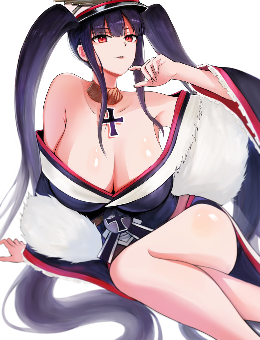 absurdres alternate_costume azur_lane bare_shoulders black_hair breasts cleavage closed_mouth cross cross_necklace crossed_legs eyebrows_visible_through_hair female finger_to_mouth hand_on_floor hat highres jewelry large_breasts long_hair looking_at_viewer necklace peter_strasser_(azur_lane) red_eyes sauvignon sitting sitting_on_floor solo thighs twintails white_background