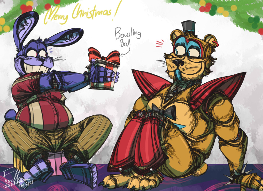 2021 absurd_res animatronic anthro bear belly christmas clothed clothing digital_media_(artwork) duo english_text exclamation_point fanmade_design_glamrock_bonnie five_nights_at_freddy's five_nights_at_freddy's:_security_breach furrllow gift glamrock_bonnie_(fnaf) glamrock_freddy happy hi_res holidays lagomorph leporid machine male mammal rabbit robot scottgames slightly_chubby smile steel_wool_studios text